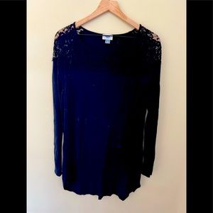 Black long sleeve T-shirt with lace around shoulders and neck area